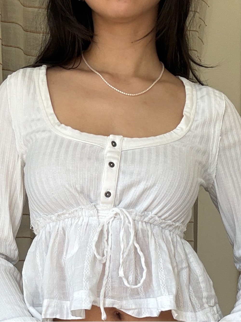 White Peplum Tie-Front Long Sleeve Top